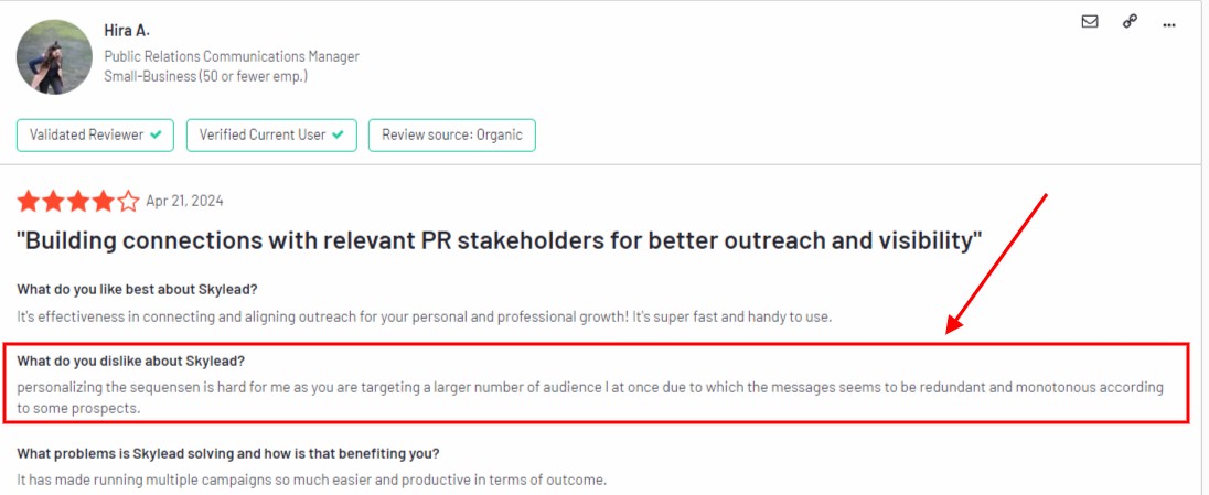 A highlighted section of a review for Skylead, indicating a dislike about the difficulty of personalizing messages for a large audience, resulting in redundant content.