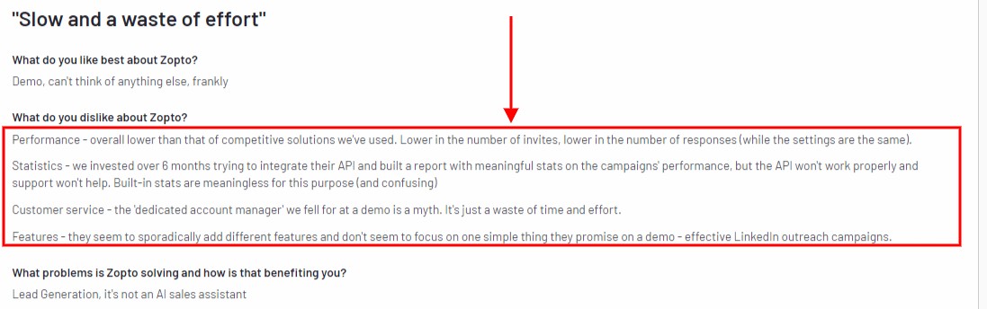A review of Zopto highlighting dislikes related to performance, statistics, customer service, and features.