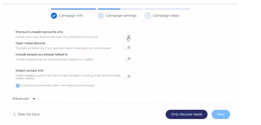 A campaign settings page with options for LinkedIn account types, InMail discovery, including existing contacts, and collecting contact information.