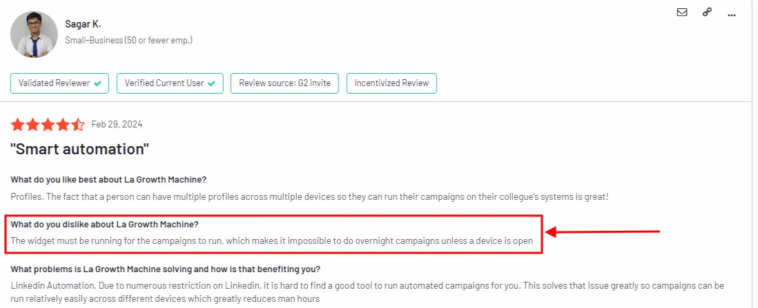 A highlighted section of a review for La Growth Machine, detailing a dislike that the widget must be running for campaigns to operate, preventing overnight campaigns.