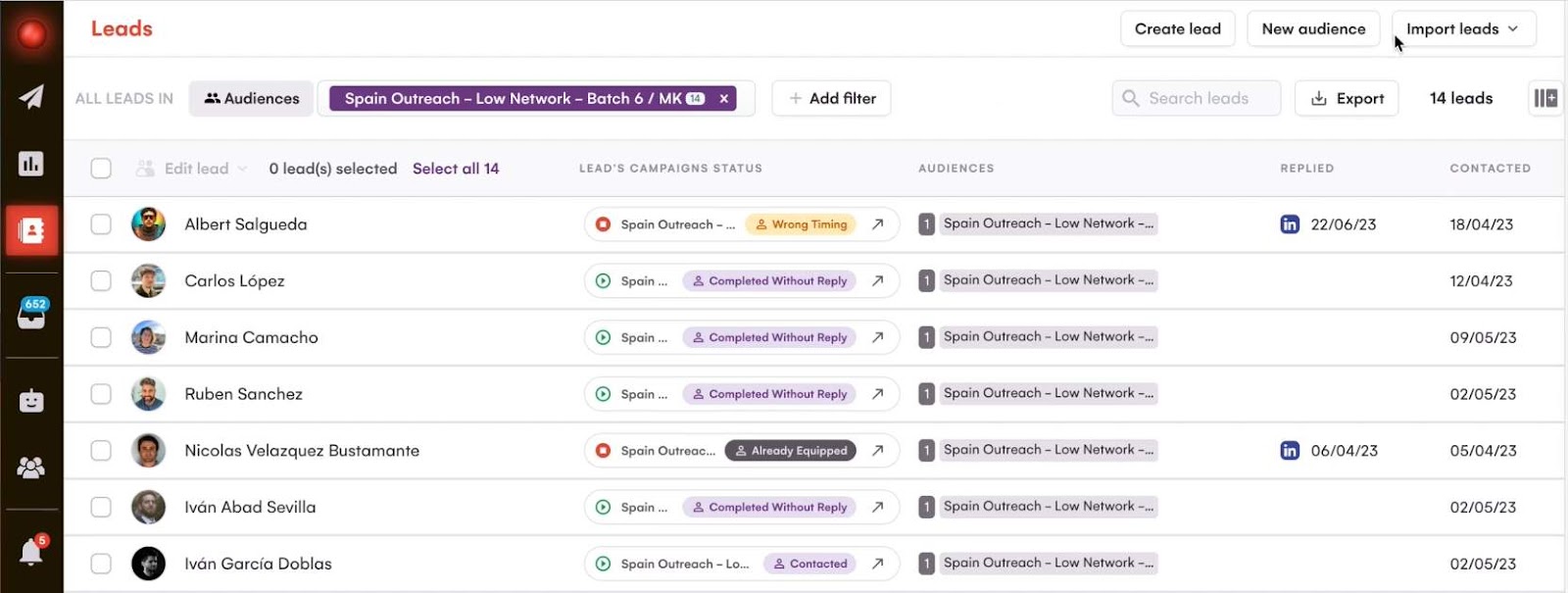 A leads dashboard showing a list of contacts with their campaign statuses and options to manage leads.