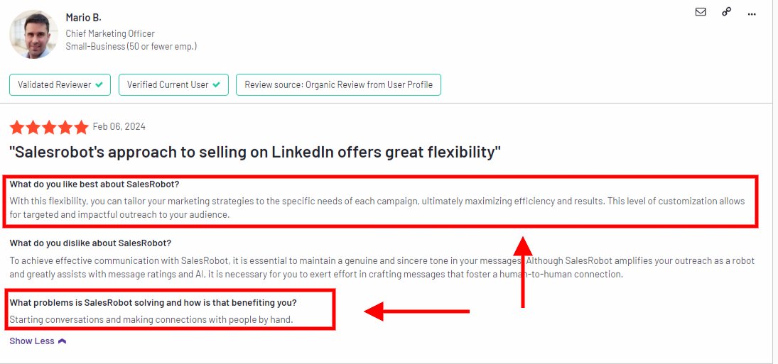 A review for SalesRobot, with red boxes highlighting the 'What do you like best' and 'What problems is SalesRobot solving' sections.
