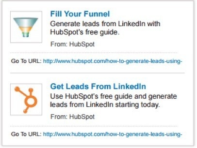 Two HubSpot ads promoting guides for generating leads from LinkedIn, one with a funnel icon and one with a HubSpot logo.