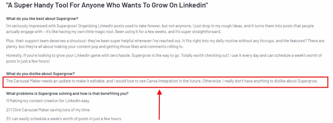 A review stating dislikes about Supergrow, specifically the Carousel Maker needing updates and a desire for Canva integration.
