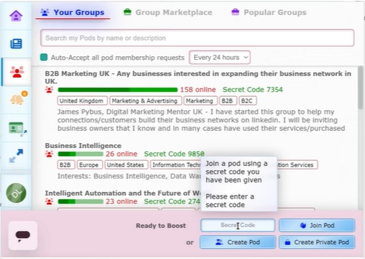 A 'Your Groups' interface showing a pop-up to join a pod with a secret code.