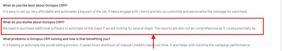 A review stating dislikes about Octopus CRM, specifically the need for additional software and non-comprehensive reports.