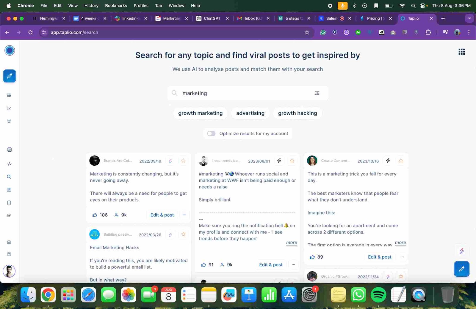 A dashboard of Taplio.com showing search results and content ideas for marketing topics.