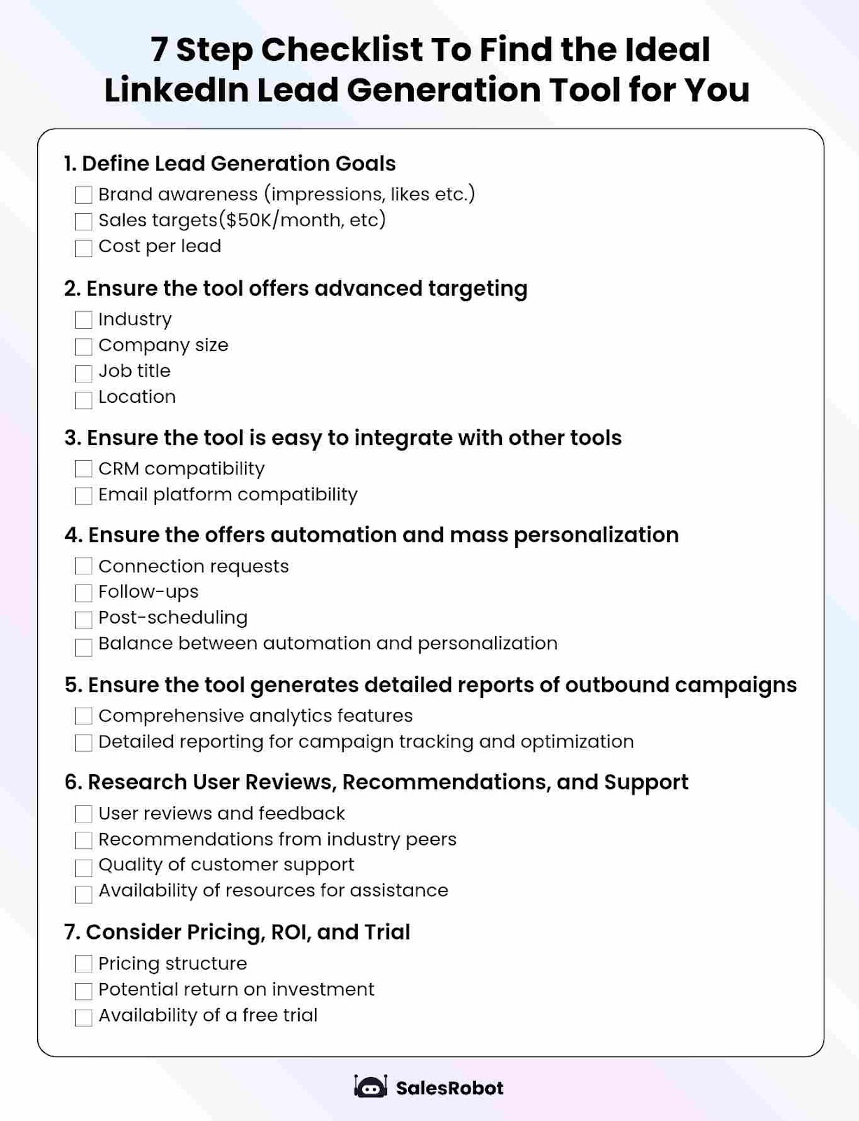 A 7-step checklist titled 'How to Find the Ideal LinkedIn Lead Generation Tool for You,' detailing criteria like defining goals and ensuring advanced targeting, with the SalesRobot logo.