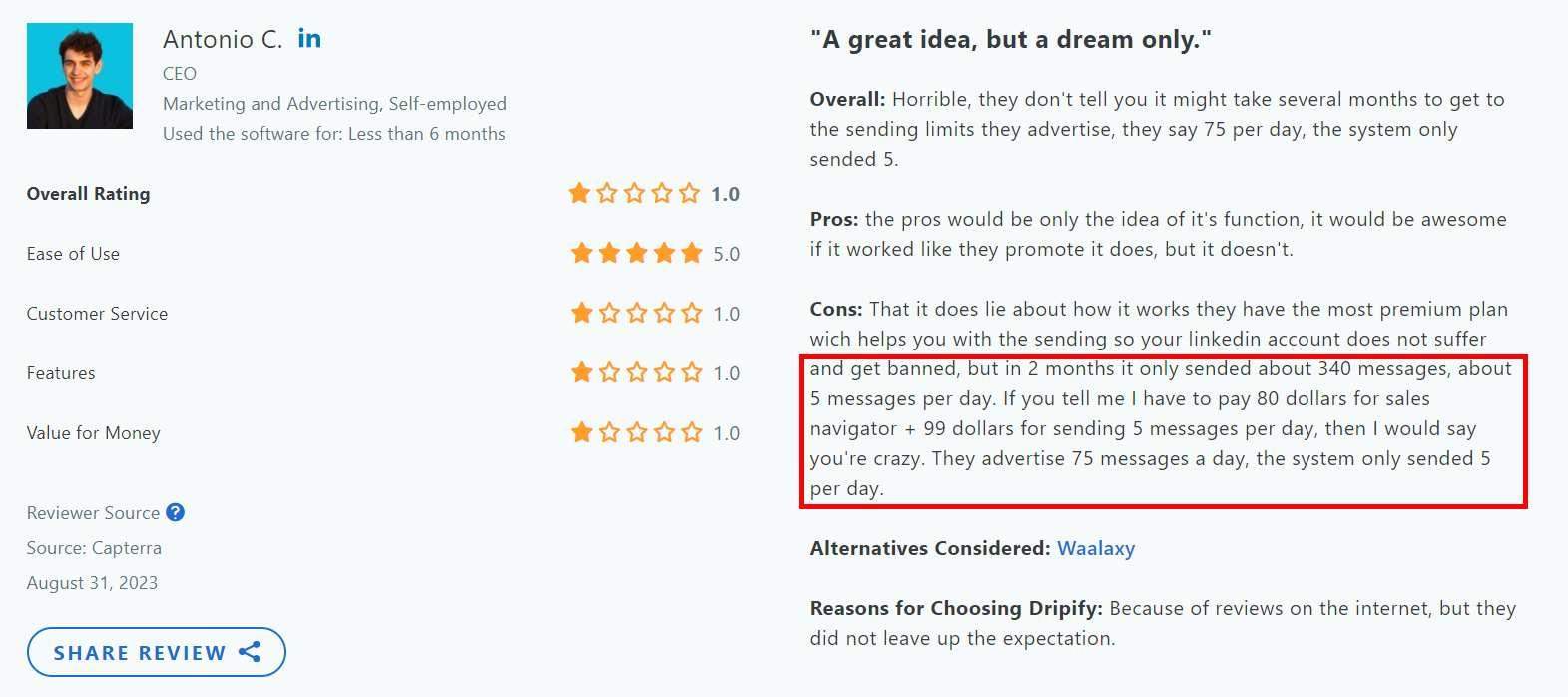 Negative review of DripiFy: misleading advertising about message limits.