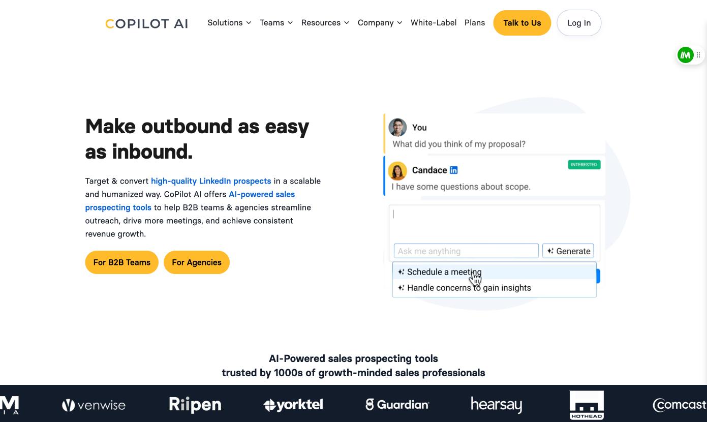 The CoPilot AI website homepage showing a simulated conversation about a proposal with options to ask anything, schedule a meeting, or handle concerns.