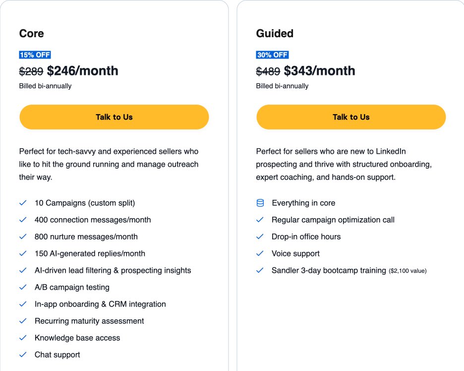 A pricing comparison table showing 'Core' and 'Guided' plans with monthly prices and features, including 15% and 30% off.