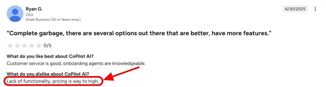 A user review criticizing CoPilot AI for its lack of functionality and high pricing.