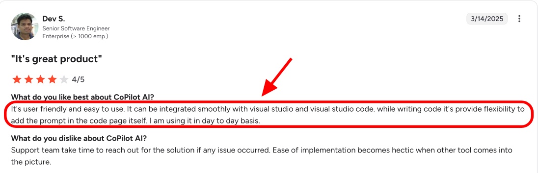 A user review praising CoPilot AI for its user-friendliness and integration with Visual Studio and VS Code.