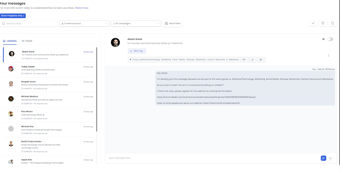 A screenshot of a LinkedIn messaging inbox showing a list of conversations on the left and a detailed chat with Akash Kario on the right.