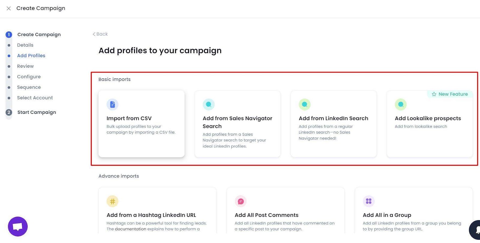 A screenshot of a campaign creation page showing various methods to add profiles, including importing from CSV, Sales Navigator, and LinkedIn Search.