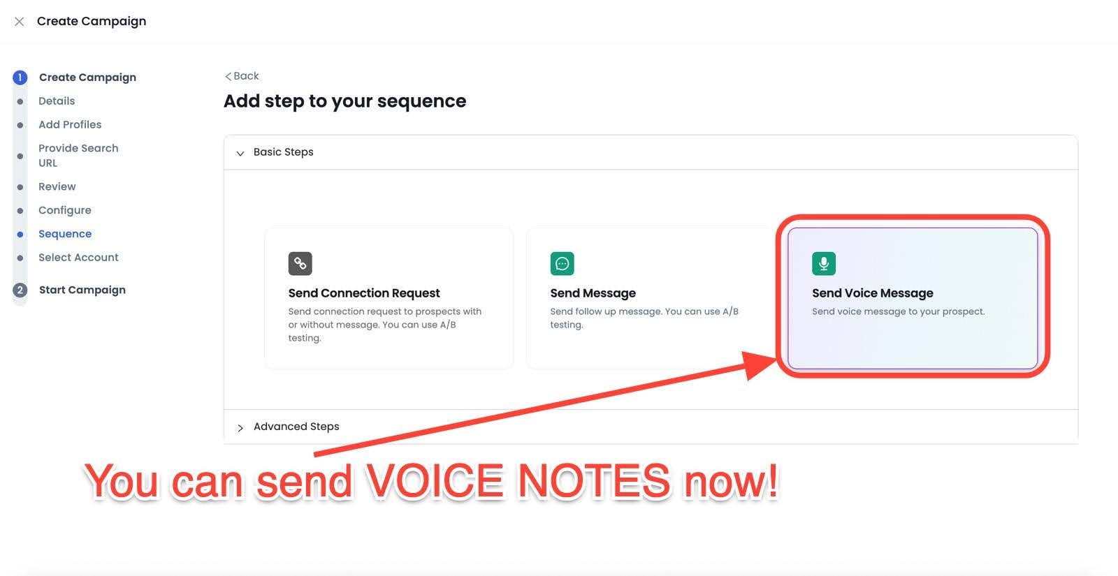 A screenshot of a campaign sequence setup page highlighting the new 'Send Voice Message' option with an arrow and text 'You can send VOICE NOTES now!'.
