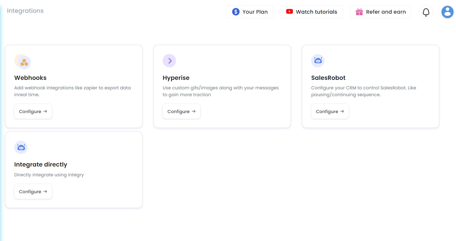 A web page showing integration options including Webhooks, Hyperise, SalesRobot, and direct integration.