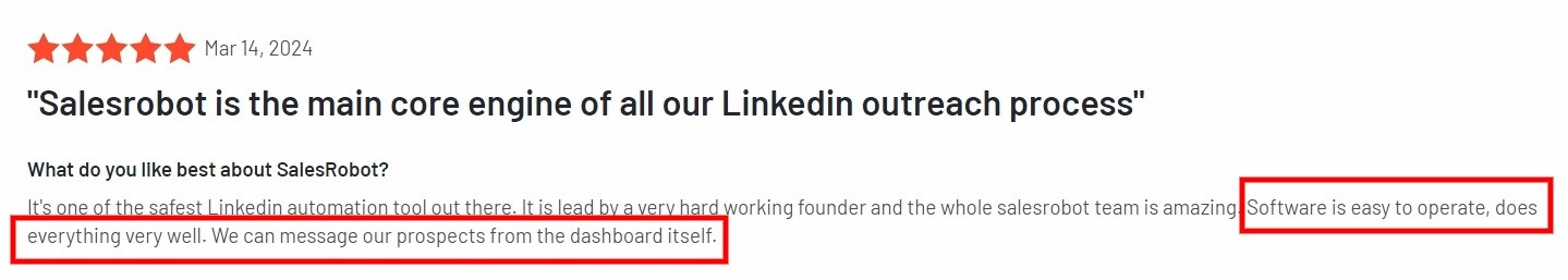 A 5-star customer testimonial for Salesrobot highlighting its ease of use and effectiveness for LinkedIn outreach.
