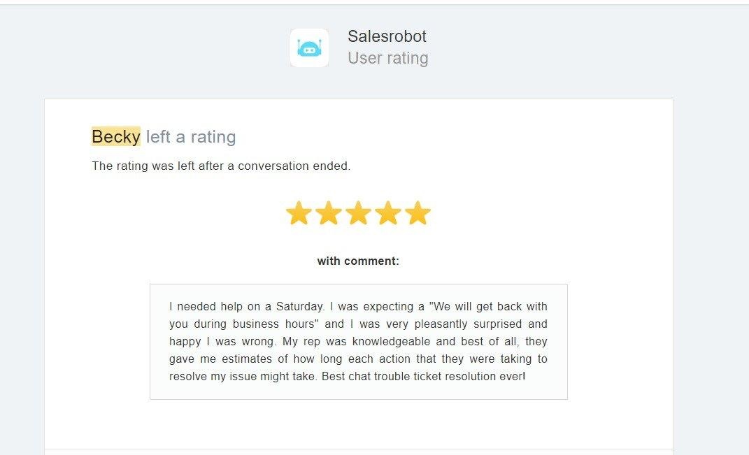 A 5-star customer review from Becky for Salesrobot, praising their helpful and knowledgeable customer service.