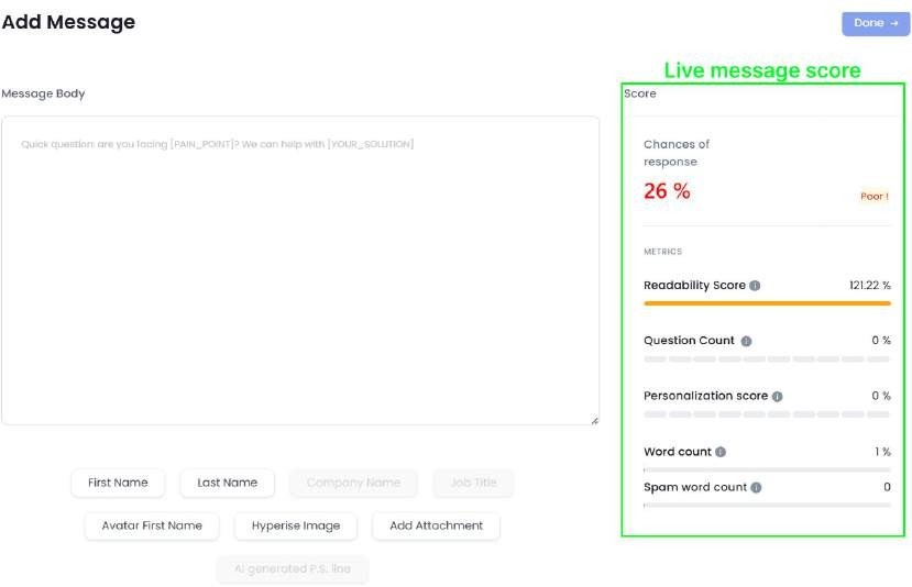 An 'Add Message' interface showing a message body input field and a 'Live message score' section displaying chances of response, readability score, and other metrics.