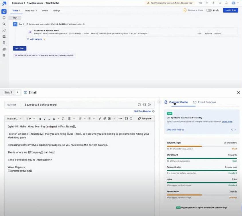 A screenshot of an email sequence builder with options to add steps and content, including a 'Content Guide' with metrics like subject length and word count.
