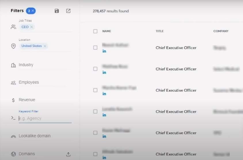 A filtered list of contacts showing CEOs in the United States, with a sidebar for applying various search filters.