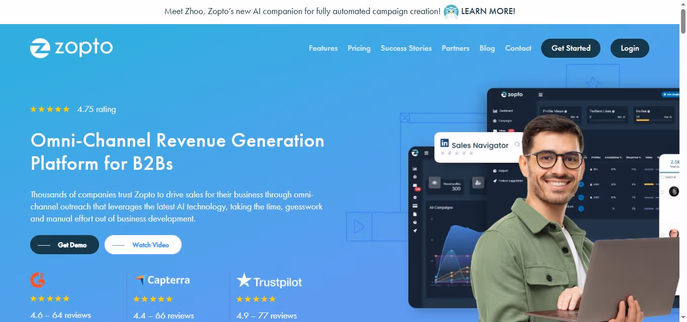 Zopoto website screenshot showcasing AI-enhanced lead generation.