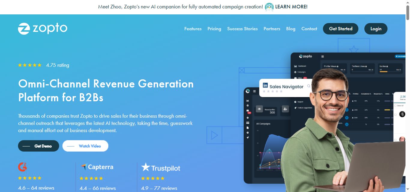 Zopoto website screenshot showcasing AI-enhanced lead generation.