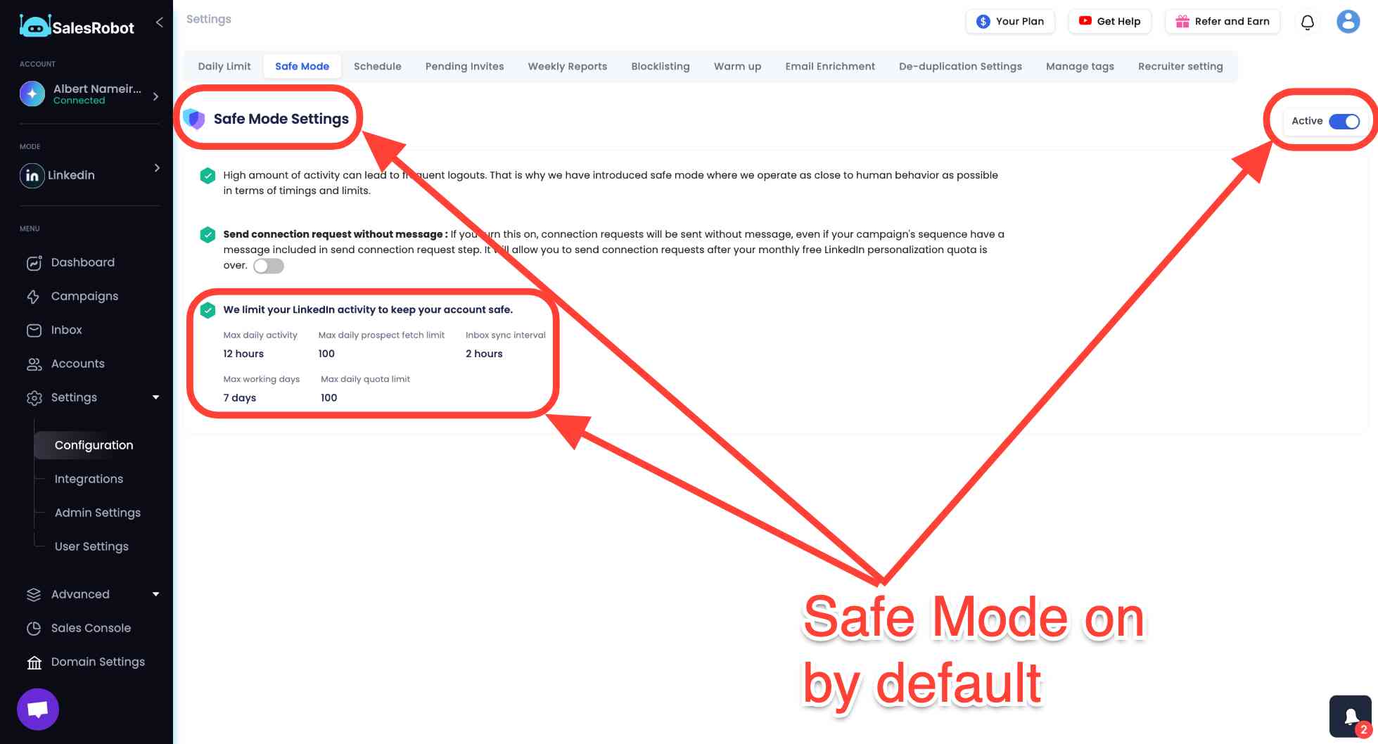 SalesRobot's Safe Mode Settings page.