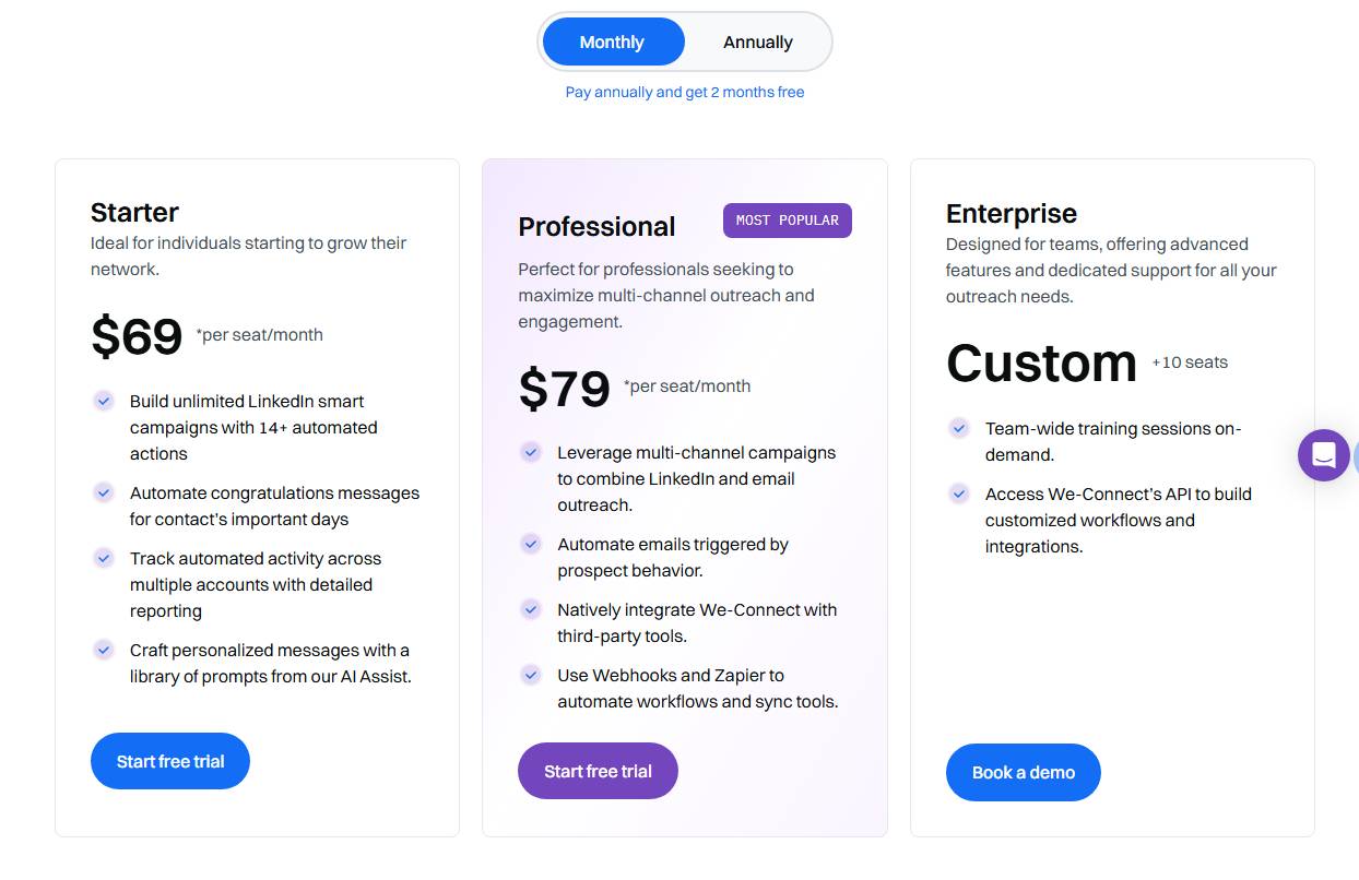 Comparison of three pricing plans: Starter, Professional, and Enterprise, with details about features and pricing.