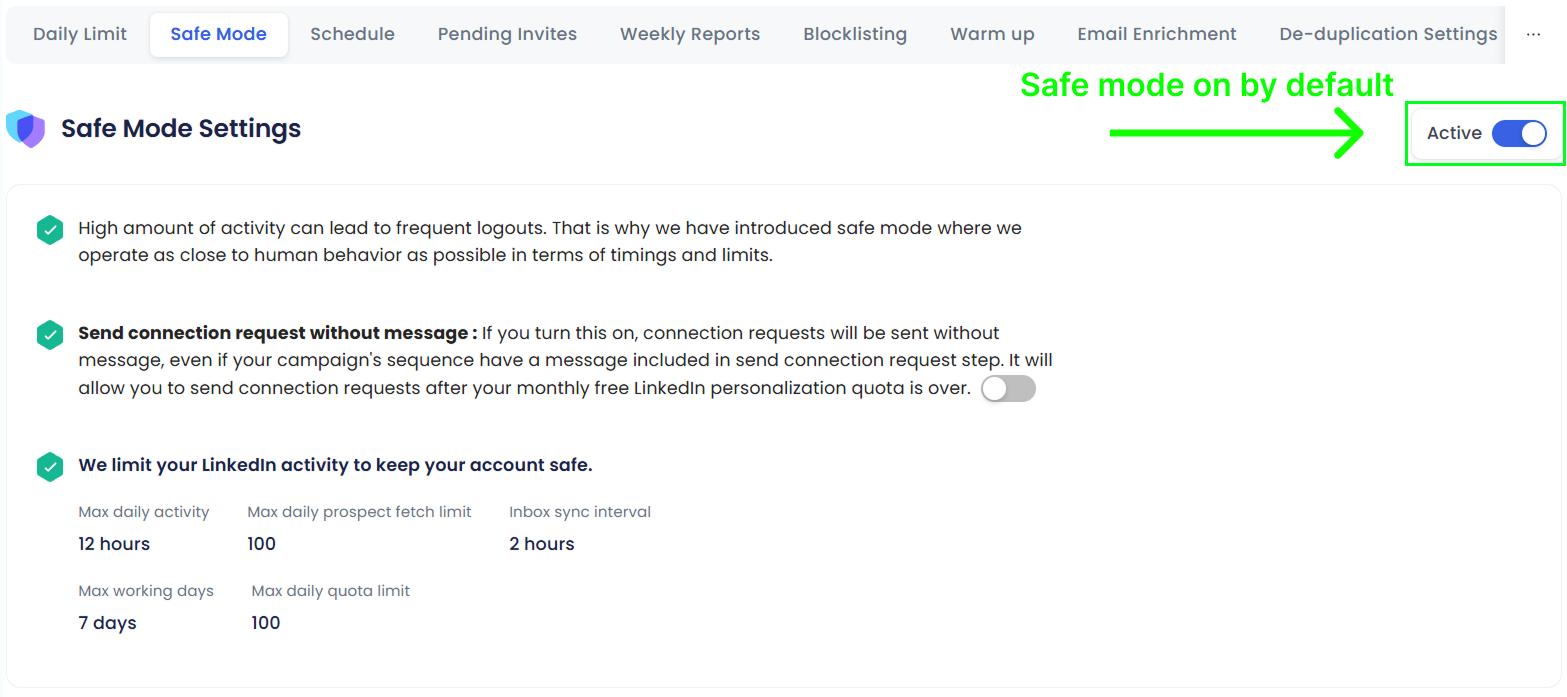 SalesRobot Safe Mode settings.