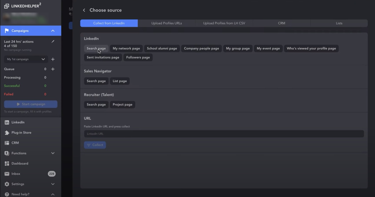 Choosing a data source for a new campaign in Linked Helper.