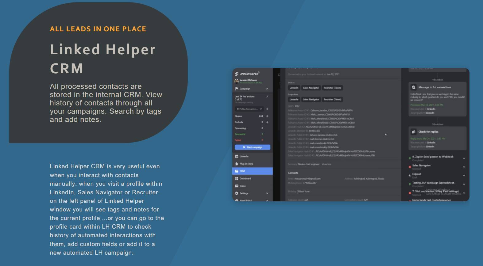 Linked Helper CRM dashboard showing all processed contacts, campaigns history, and search functionality.