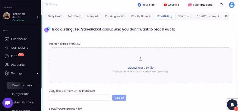 Blocklist settings in SalesRobot