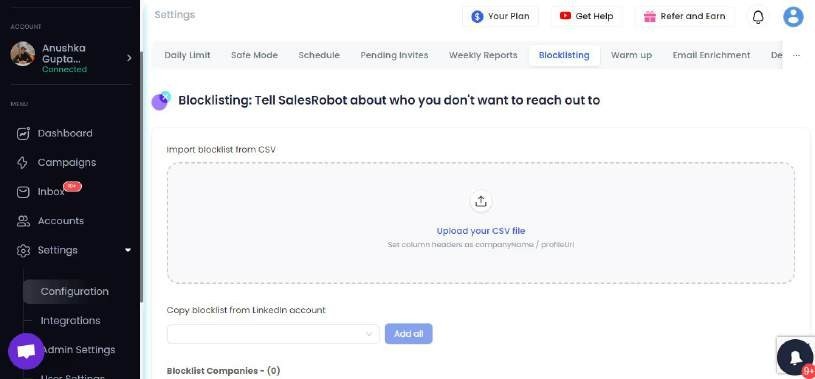 Blocklist settings in SalesRobot