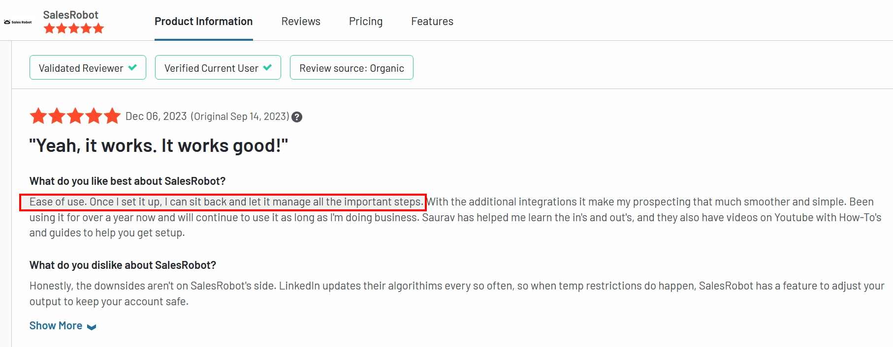 Salesrobot's good review.
