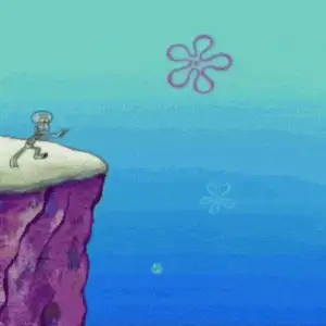 Squidward Tentacles looking out over the ocean from a cliff.
