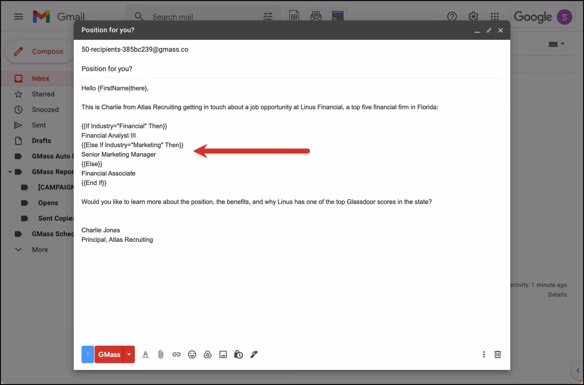 A GMass email with conditional content blocks based on industry.