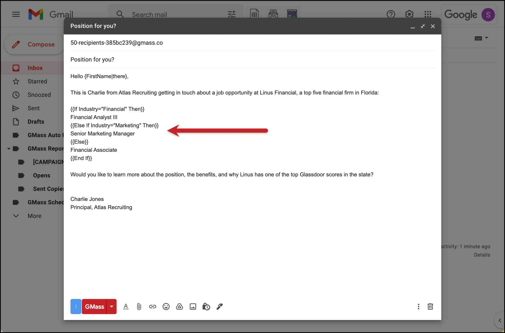 A GMass email with conditional content blocks based on industry.