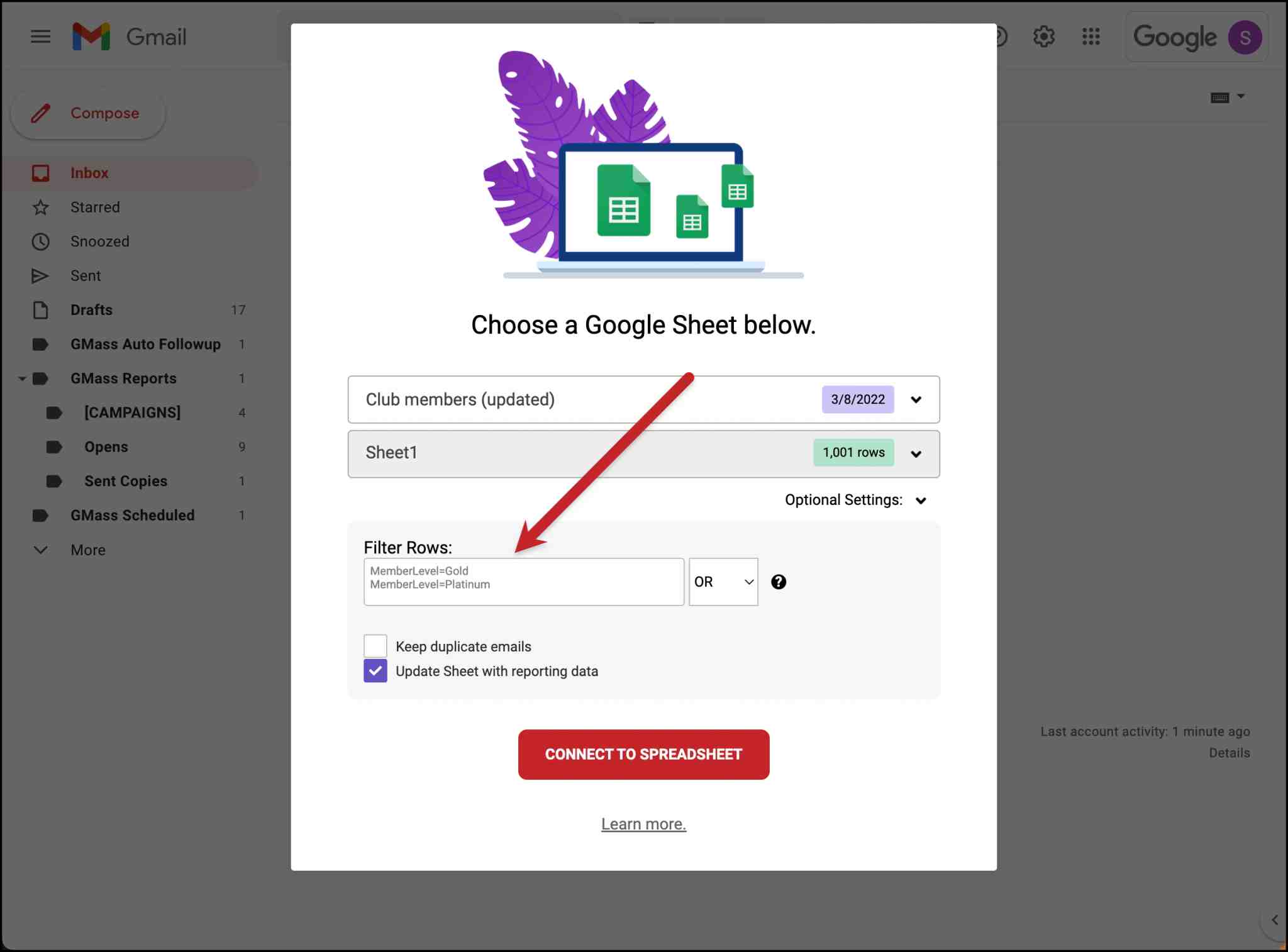 A GMass window displaying options for choosing a Google Sheet.