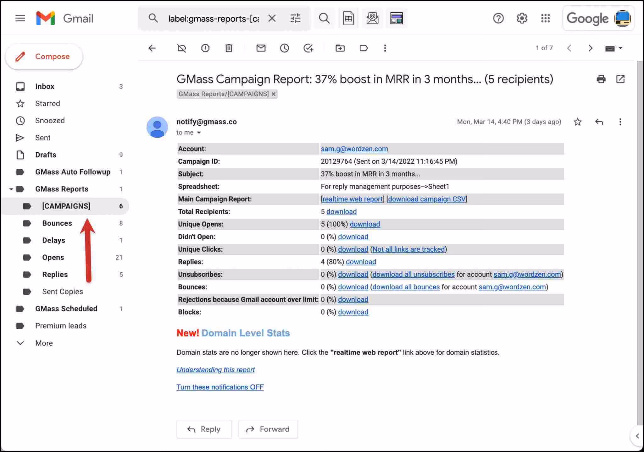 A GMass campaign report showing statistics such as delivery and engagement rates.