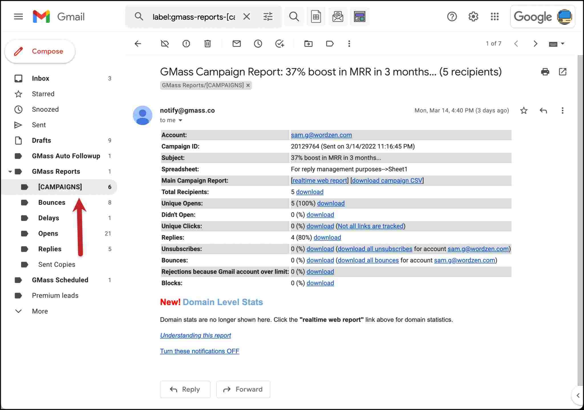 A GMass campaign report showing statistics such as delivery and engagement rates.