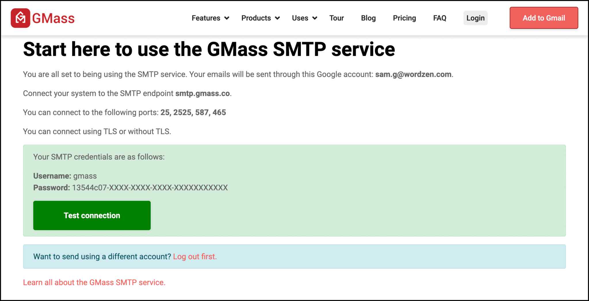 GMass SMTP service setup.