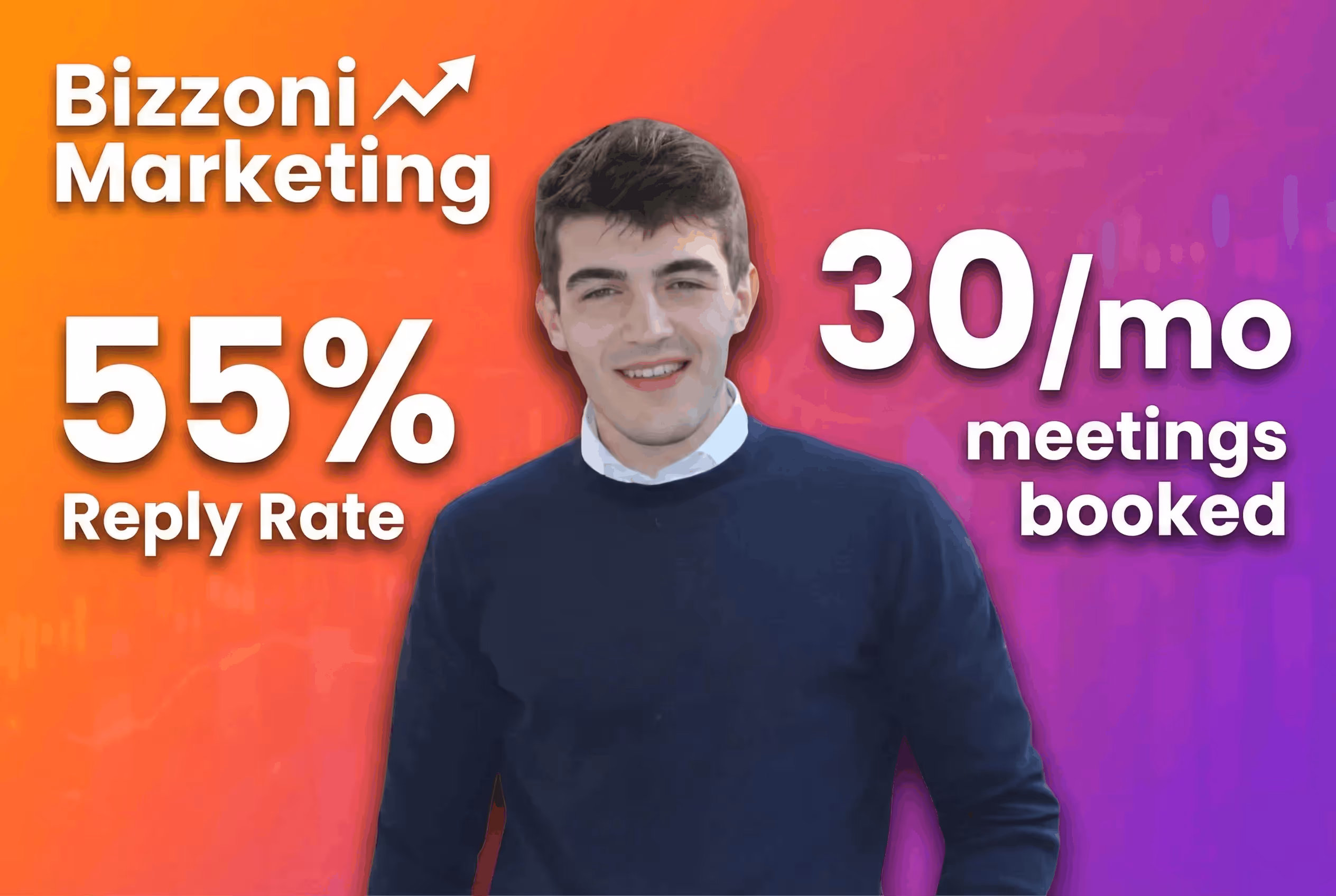 Case study thumbnail for Bizzoni Marketing, showcasing a 55% reply rate and a 67% acceptance rate achieved using SalesRobot.