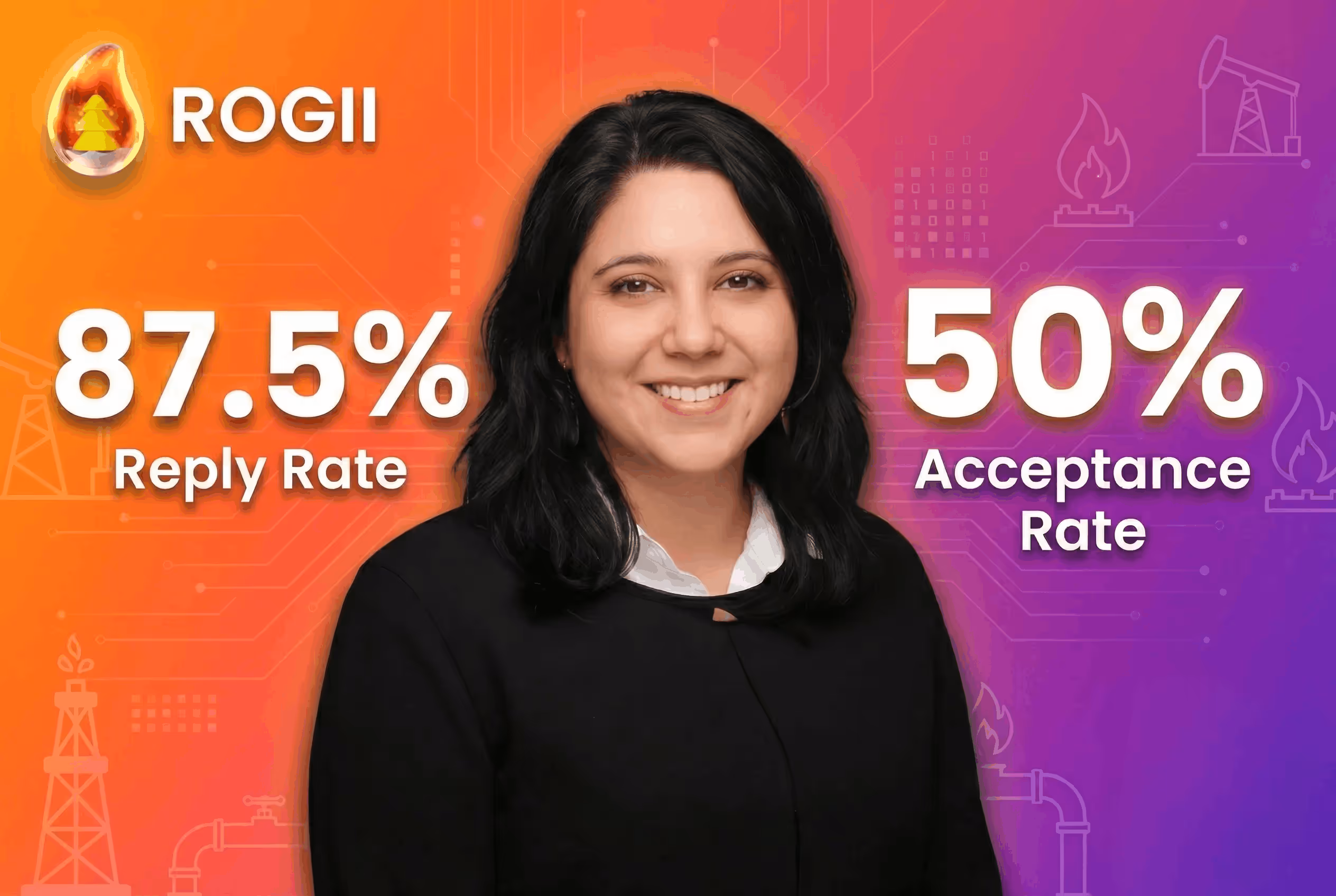 Case study thumbnail for ROGII, showcasing a 87.5% reply rate and a 50% acceptance rate achieved using SalesRobot.