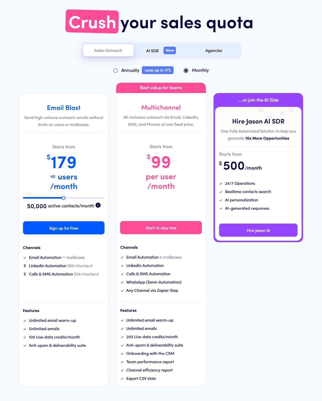 Reply.io pricing plans and features for email outreach, including AI-powered options.