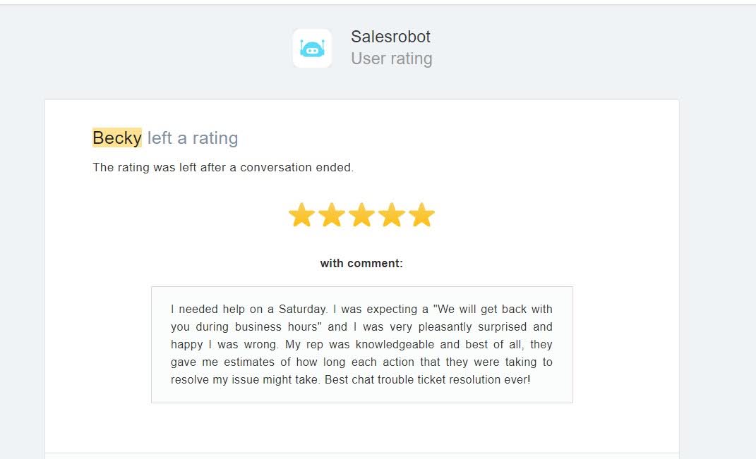 Positive user review of Salesrobot customer service