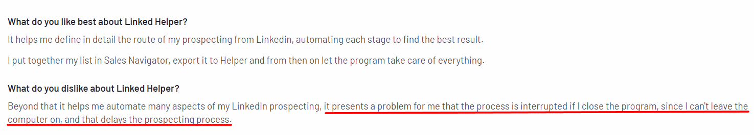 User review saying LinkedIn Helper 2 stopping campaign process if anything interrupts it
