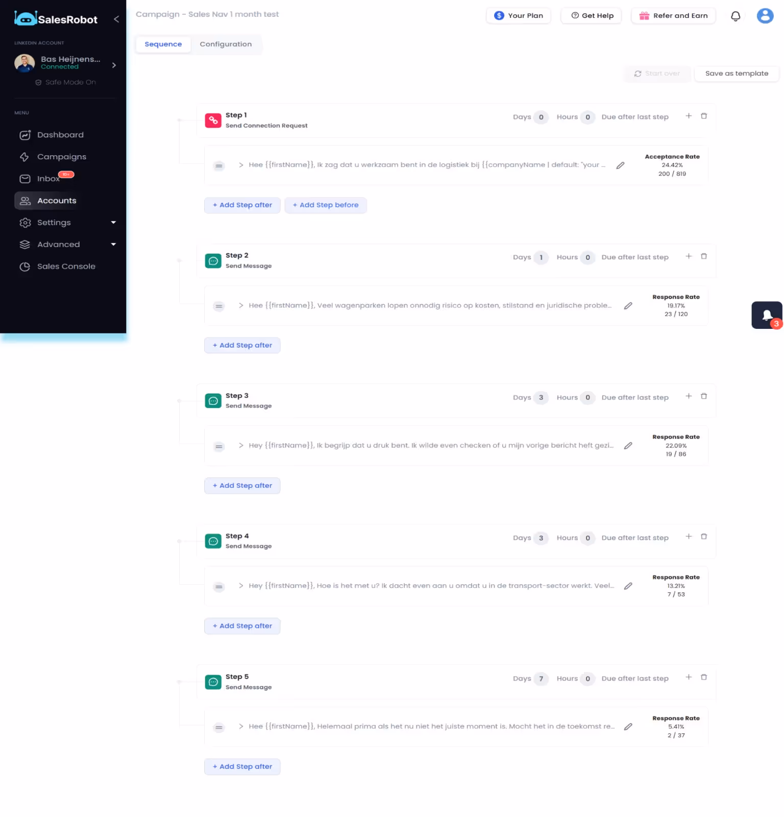Screenshot of a 5-step SalesRobot automated campaign sequence, featuring one connection request step followed by four consecutive follow-up message steps.