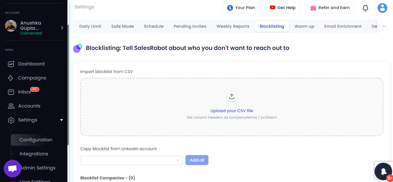 Blocklisting option in SalesRobot settings